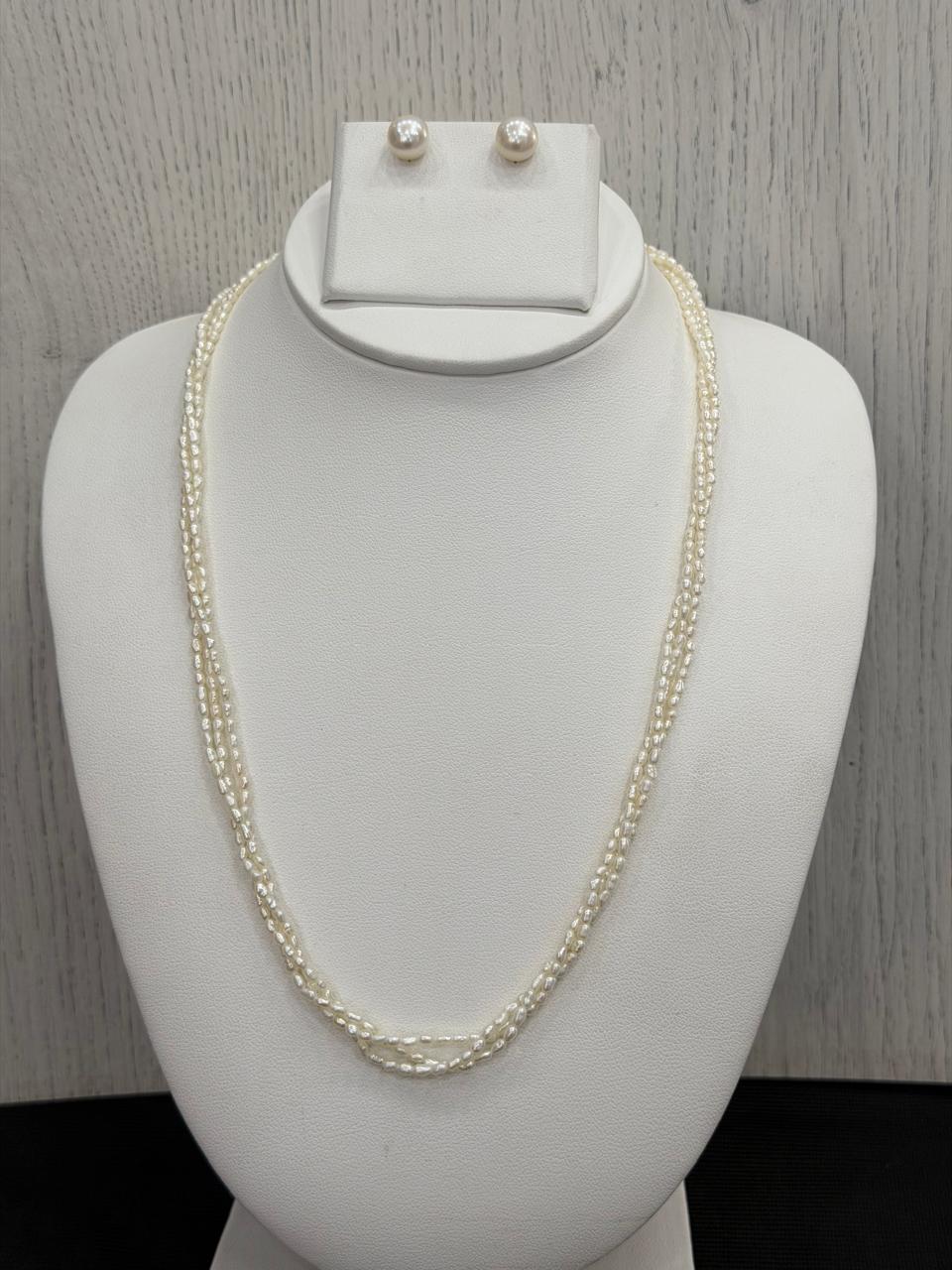 Real Natural Fresh Water 2 MM Rice Pearls Mala Set With Certificate(3 Lines twisted)(D.No NPS409)
