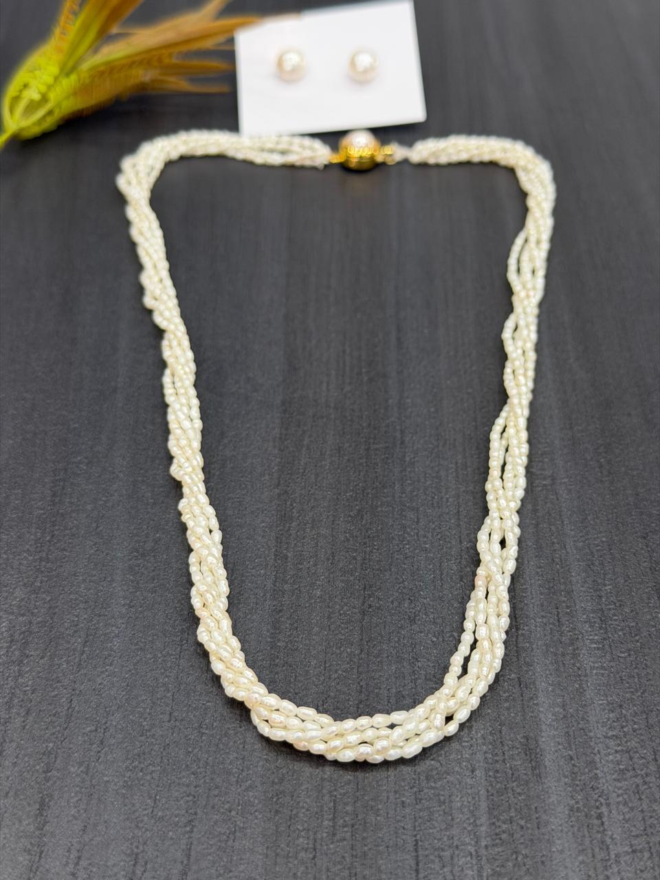Real Natural Fresh Water 2 MM Rice Pearls Mala Set With Certificate(5 Lines twisted)(D.No NPS410)