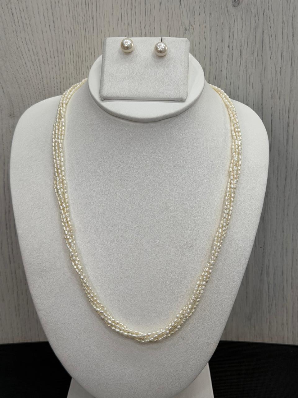 Real Natural Fresh Water 2 MM Rice Pearls Mala Set With Certificate(5 Lines twisted)(D.No NPS410)