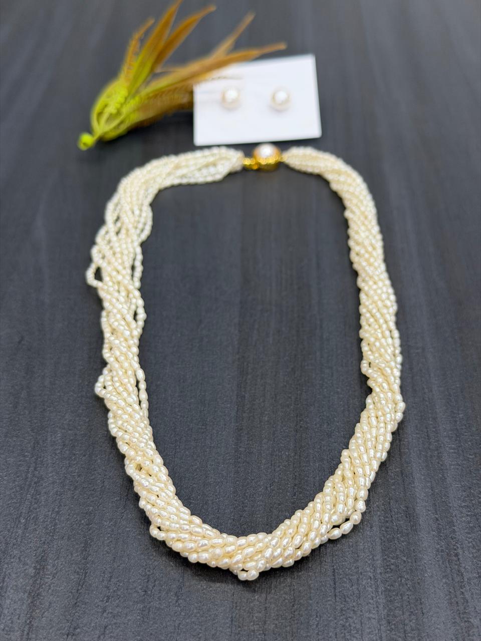 Real Natural Fresh Water 2 MM Rice Pearls Mala Set With Certificate(10 Lines twisted)(D.No NPS411)