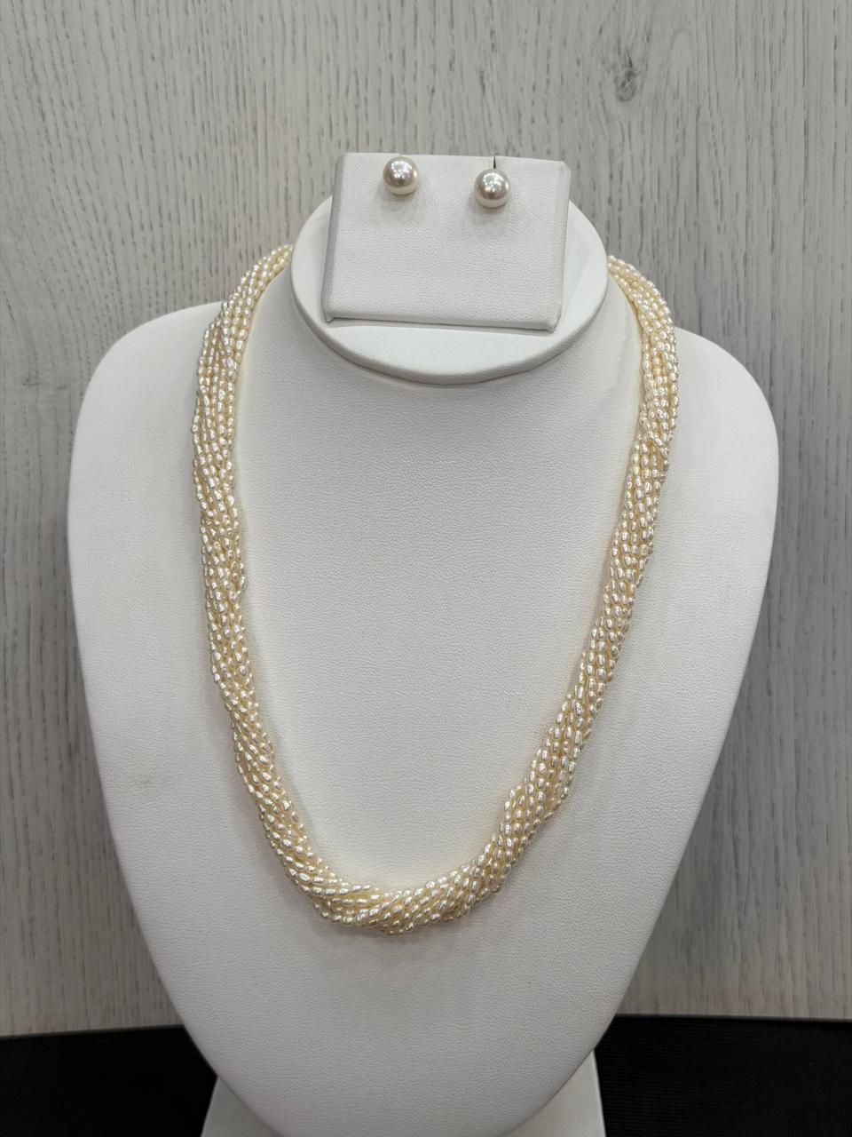 Real Natural Fresh Water 2 MM Rice Pearls Mala Set With Certificate(10 Lines twisted)(D.No NPS411)