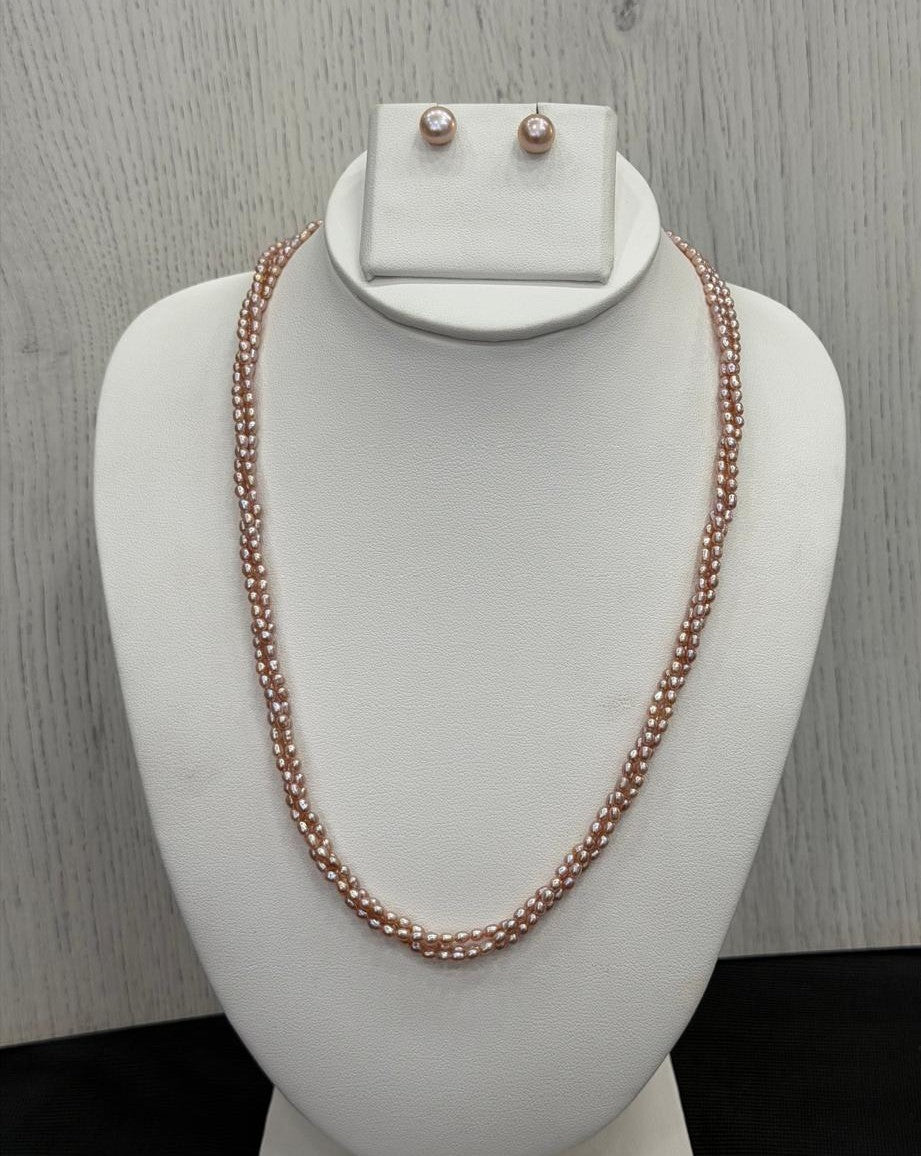 Real Natural Fresh Water 2 MM Rice Pearls Mala Set With Certificate(3 Lines twisted)(D.No NPS412)