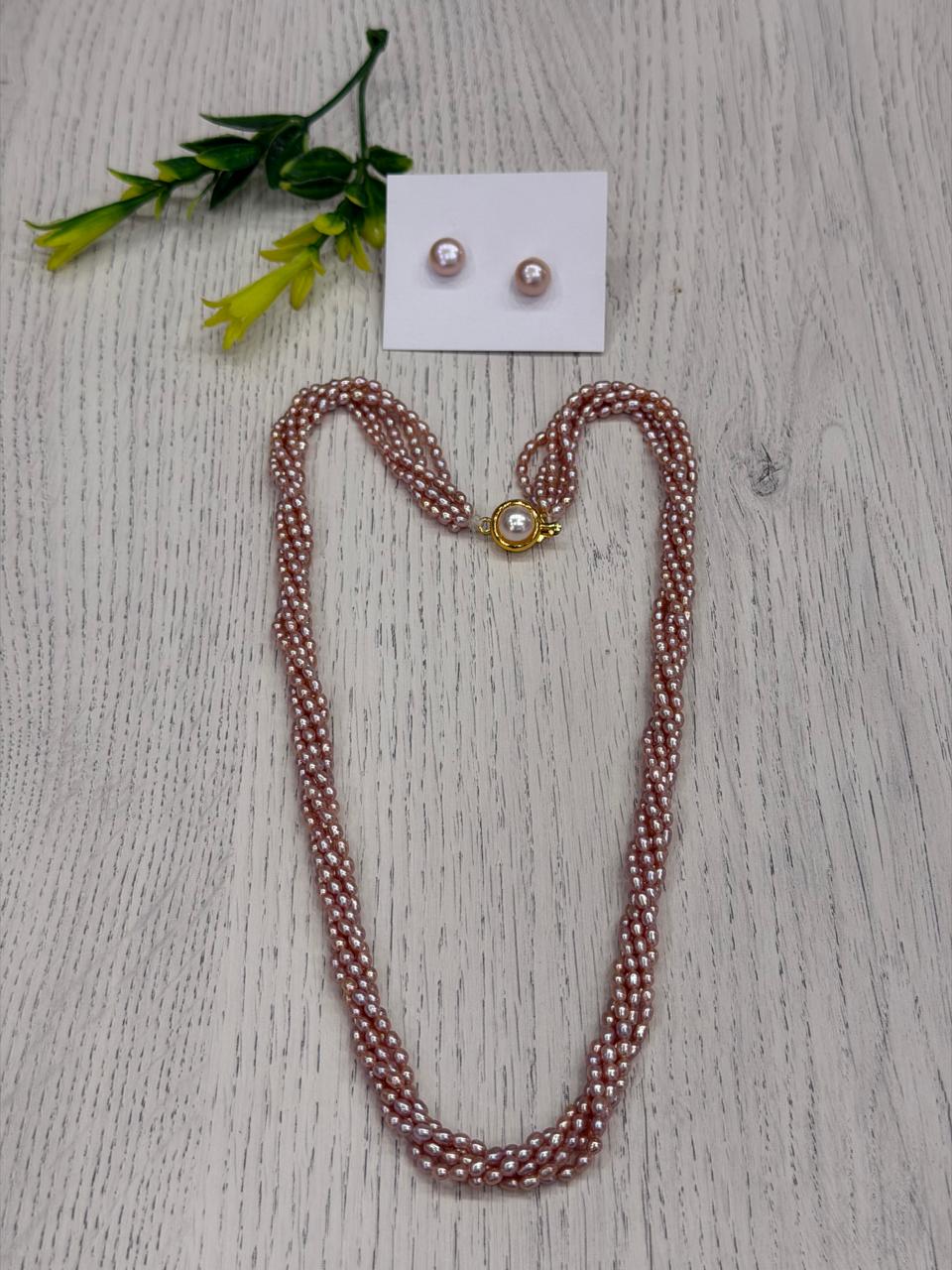 Real Natural Fresh Water 2 MM Rice Pearls Mala Set With Certificate(5 Lines twisted)(D.No NPS413)