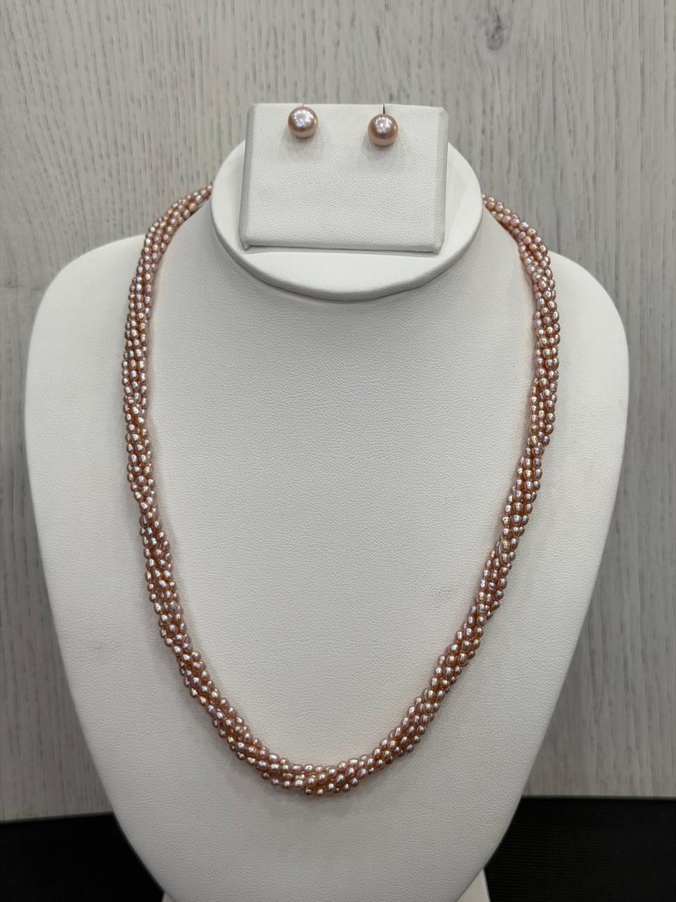 Real Natural Fresh Water 2 MM Rice Pearls Mala Set With Certificate(5 Lines twisted)(D.No NPS413)