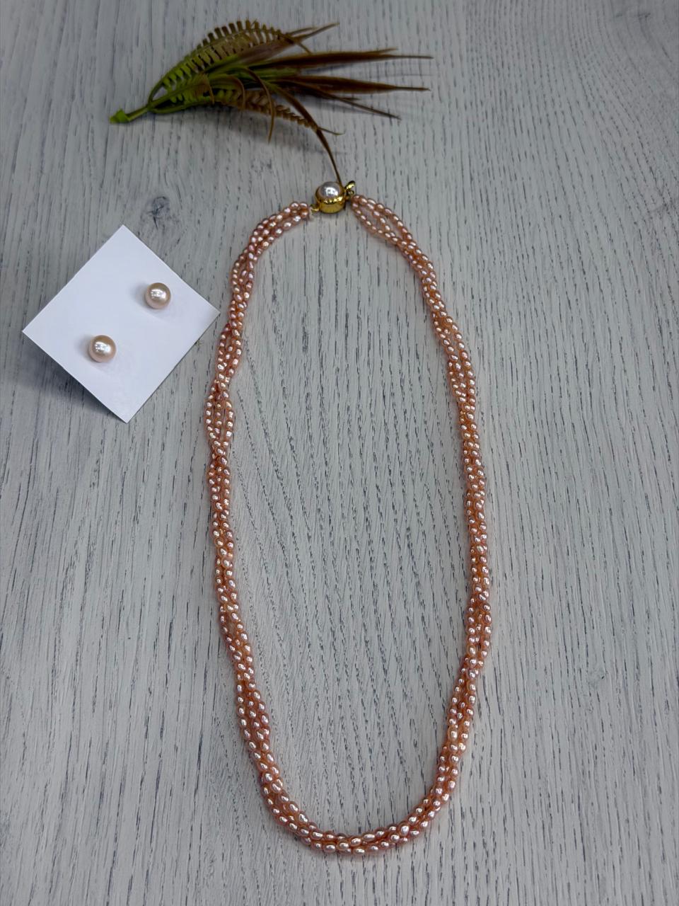 Real Natural Fresh Water 2 MM Rice Pearls Mala Set With Certificate(3 Lines twisted)(D.No NPS415)