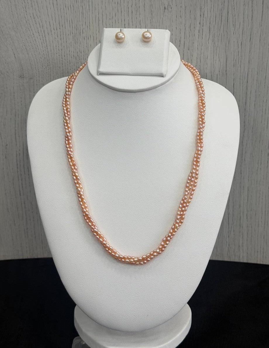 Real Natural Fresh Water 2 MM Rice Pearls Mala Set With Certificate(3 Lines twisted)(D.No NPS415)