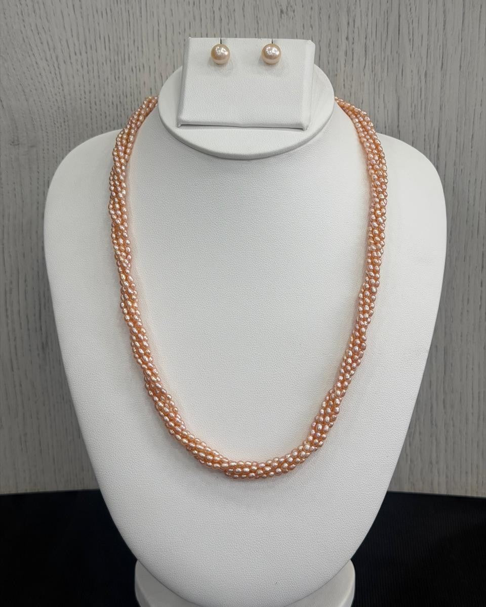 Real Natural Fresh Water 2 MM Rice Pearls Mala Set With Certificate(5 Lines twisted)(D.No NPS416)