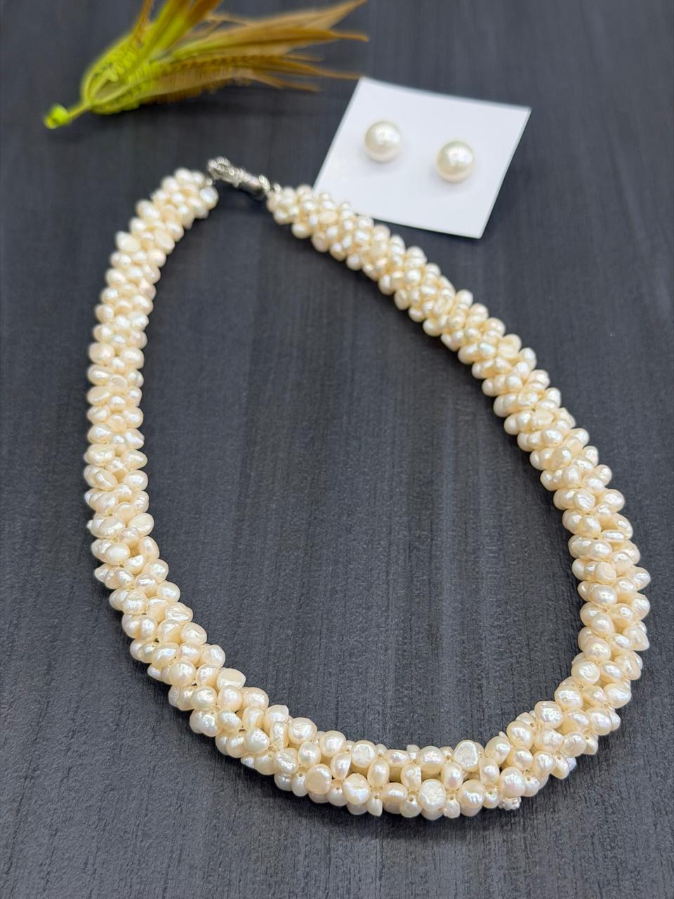 Real Natural Fresh Water 5 to 6 MM Barook Pearls jali Mala Set With Certificate(D.No NPS418)