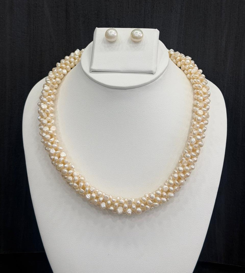 Real Natural Fresh Water 5 to 6 MM Barook Pearls jali Mala Set With Certificate(D.No NPS418)
