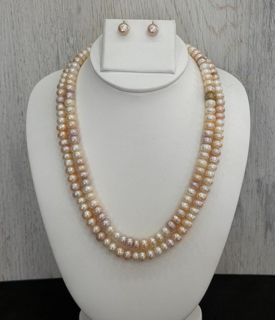 Real Natural Fresh Water 8 MM Pearls Mala Set With Certificate(Double String)(D.No NPS420)