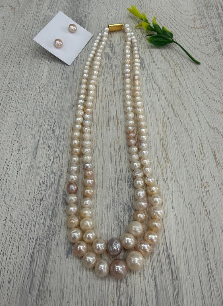 Real Natural Fresh Water 5 to 10 MM Graduation Barook Pearls Mala Set With Certificate(Double String)(D.No NPS422)