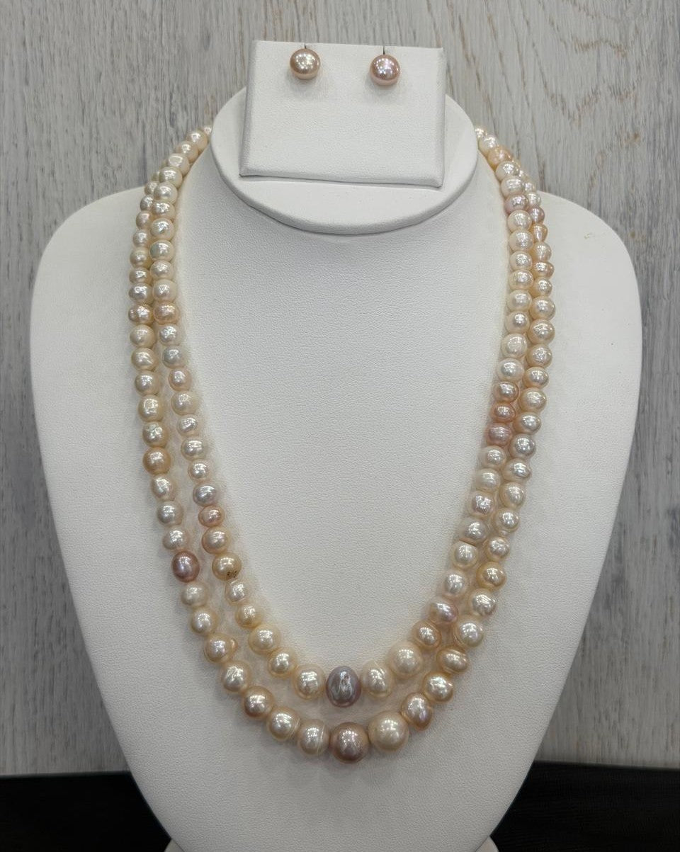 Real Natural Fresh Water 5 to 10 MM Graduation Barook Pearls Mala Set With Certificate(Double String)(D.No NPS422)