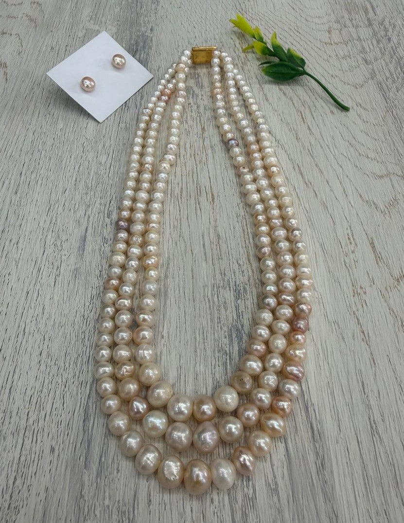 Real Natural Fresh Water 5 to 10 MM Graduation Barook Pearls Mala Set With Certificate(Triple String)(D.No NPS423)