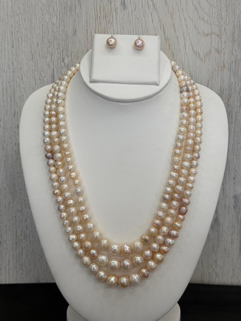 Real Natural Fresh Water 5 to 10 MM Graduation Barook Pearls Mala Set With Certificate(Triple String)(D.No NPS423)