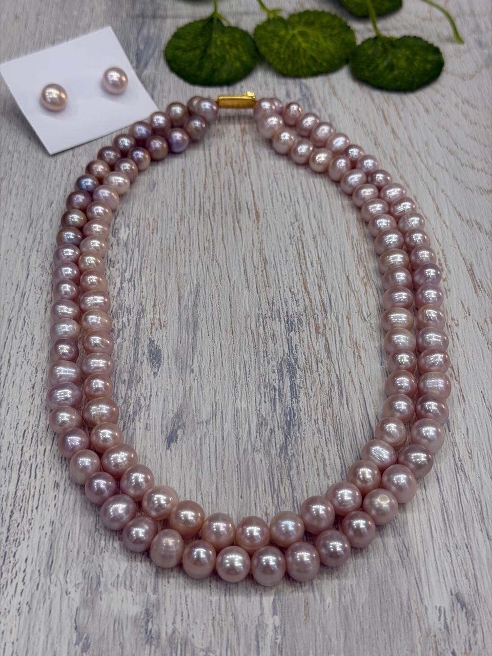Real Natural Fresh Water 9 to 10 MM Pearls Mala Set With Certificate(Double String)(D.No NPS429)