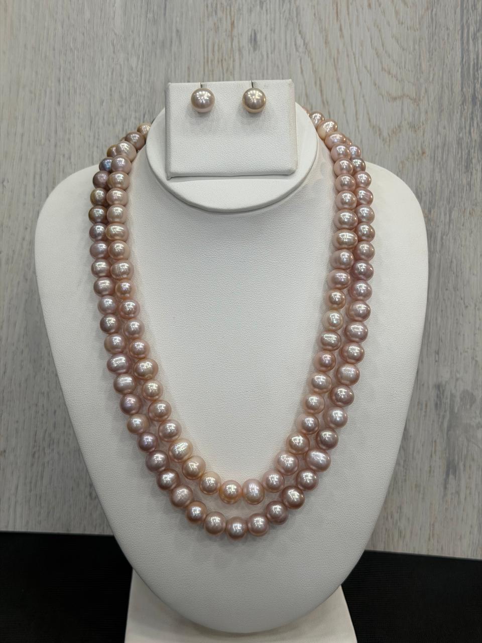 Real Natural Fresh Water 9 to 10 MM Pearls Mala Set With Certificate(Double String)(D.No NPS429)