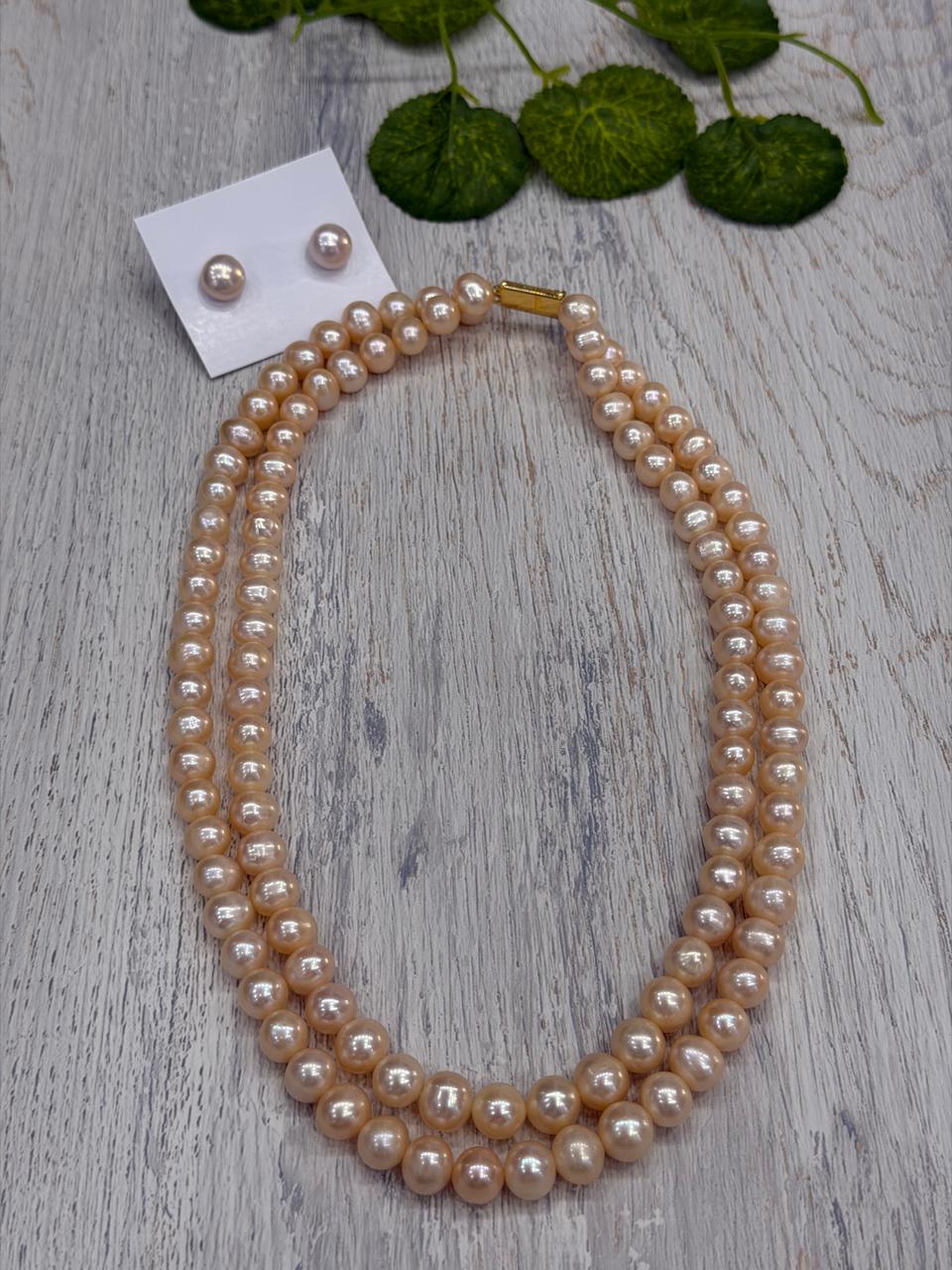 Real Natural Fresh Water 9 to 10 MM Pearls Mala Set With Certificate(Double String)(D.No NPS431)