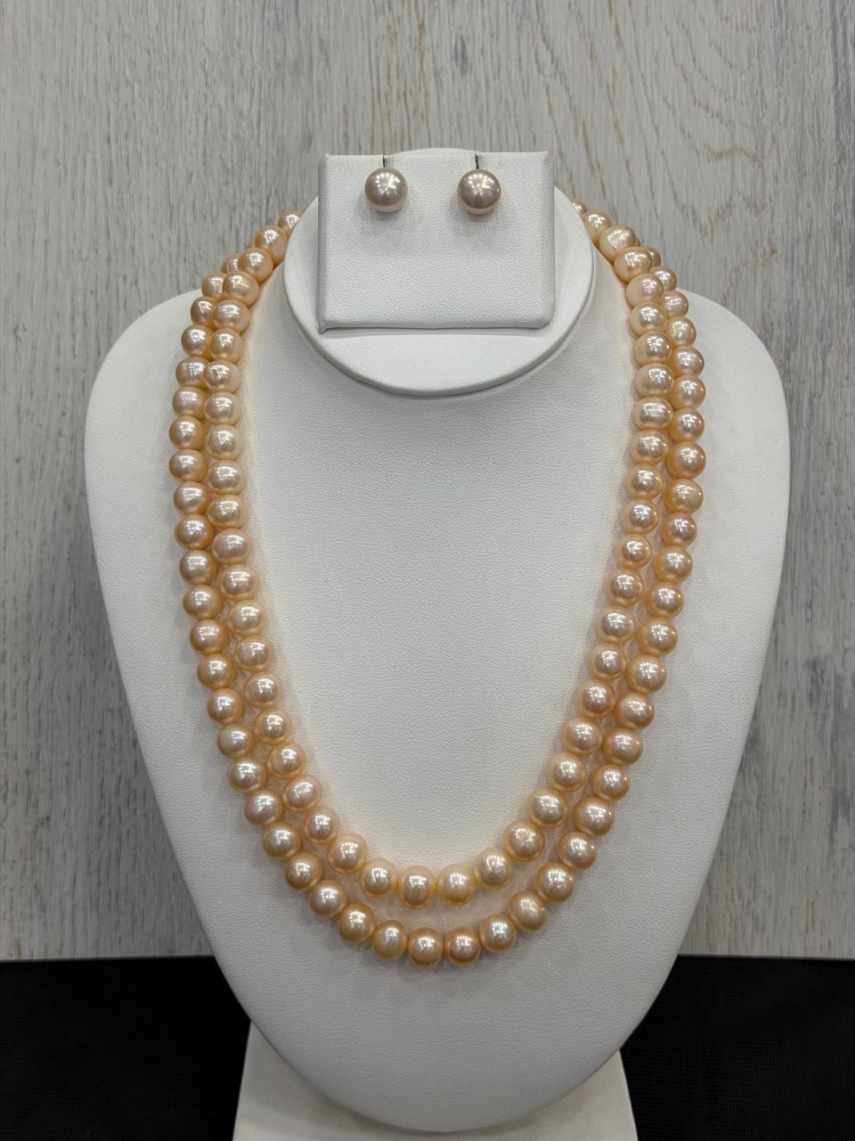 Real Natural Fresh Water 9 to 10 MM Pearls Mala Set With Certificate(Double String)(D.No NPS431)