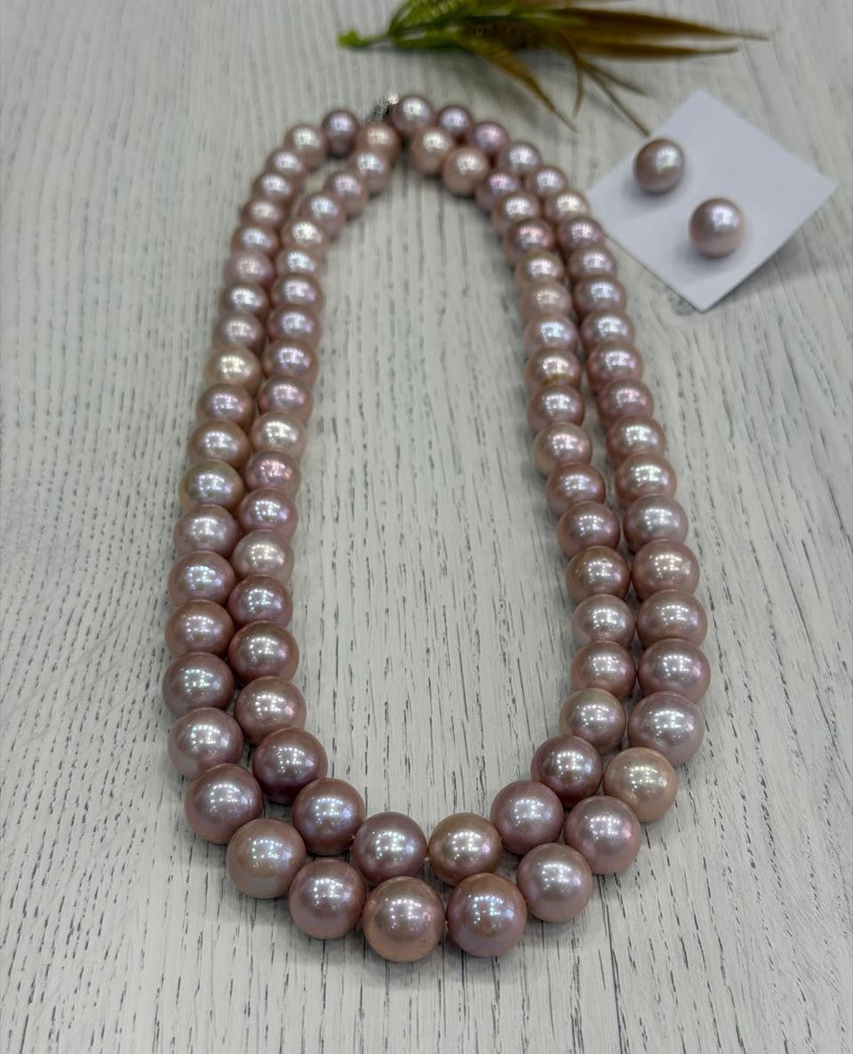 Premium Quality Real Natural Fresh Water 12 to 13 MM Graduation Pearls Mala Set With Certificate(Double String)(D.No NPS439)