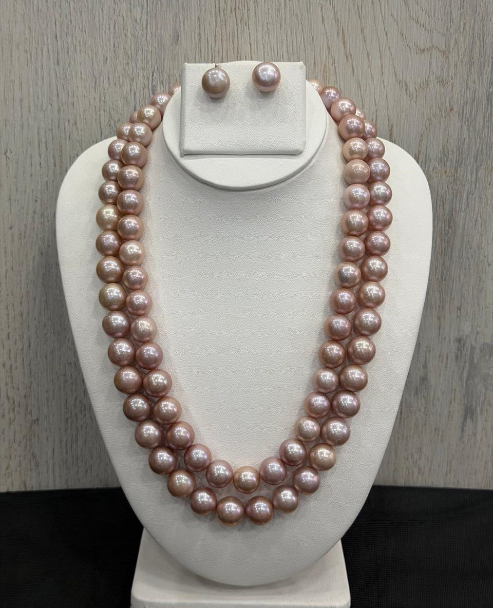 Premium Quality Real Natural Fresh Water 12 to 13 MM Graduation Pearls Mala Set With Certificate(Double String)(D.No NPS439)