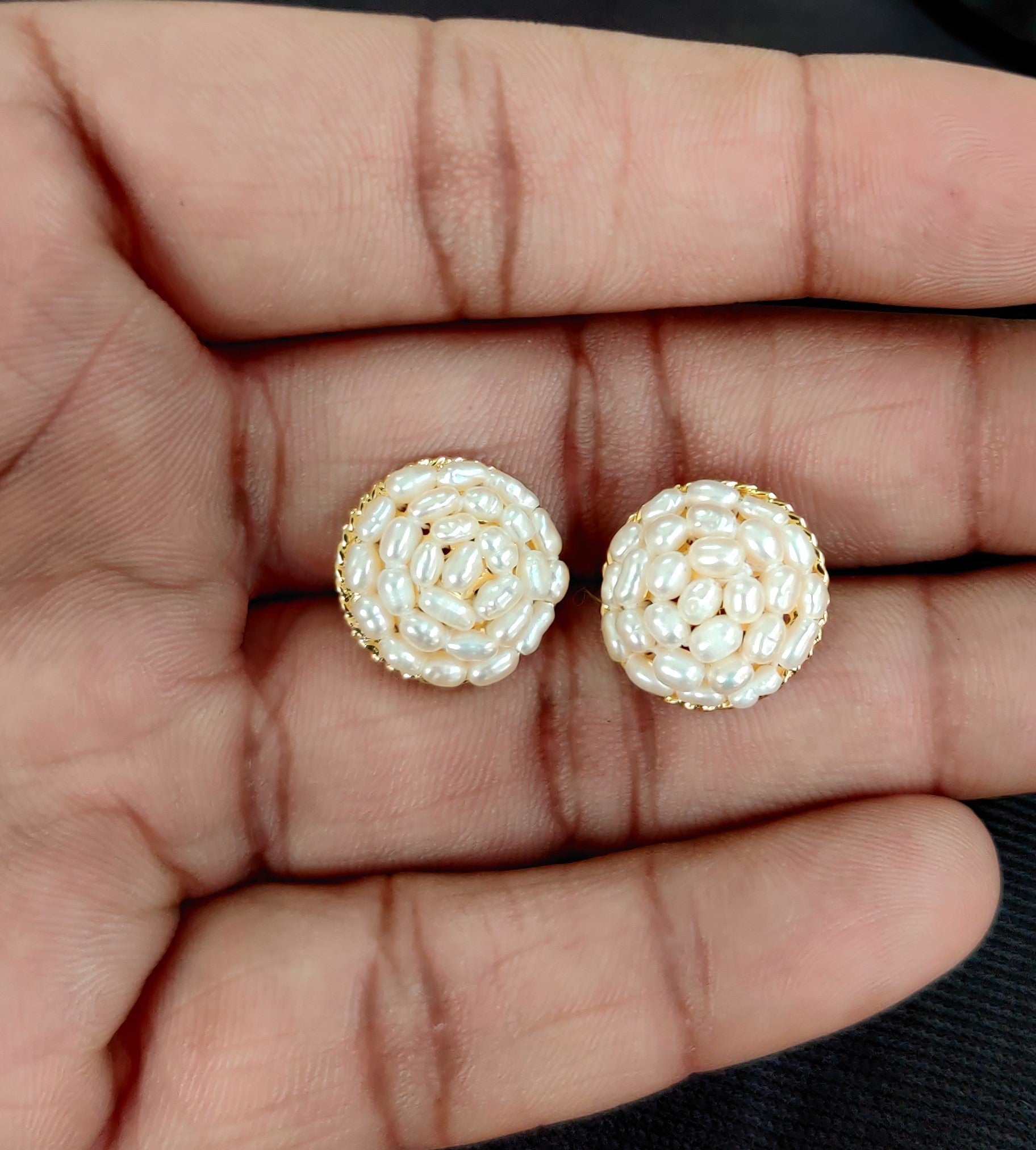Real Natural Fresh Water Rice Pearls Medium Size Round Studs Tops(D.No PTOP108)