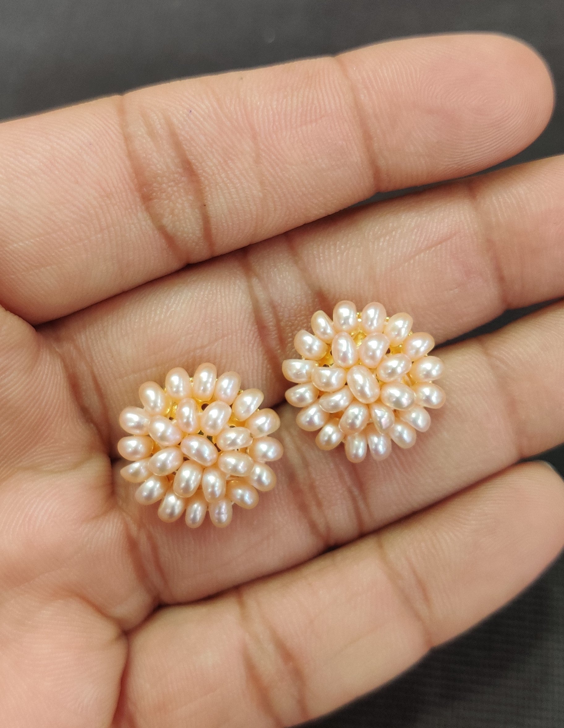 Real Natural Fresh Water Pearls Medium Size Round Peech Colour Studs Tops(D.No PTOP113)