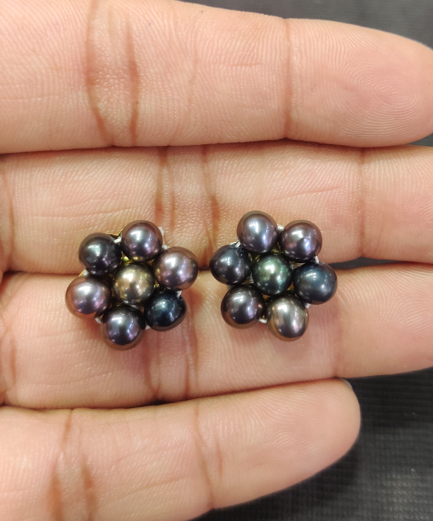 Real Natural Fresh Water 7 Moti Black Pearls Medium Size Round Studs Tops(D.No PTOP121)