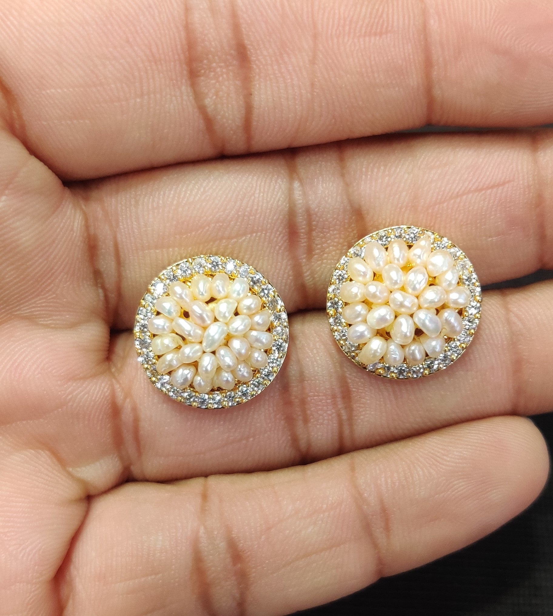 Real Natural Fresh Water Pearls Medium Size Round Studs Tops(D.No PTOP123)