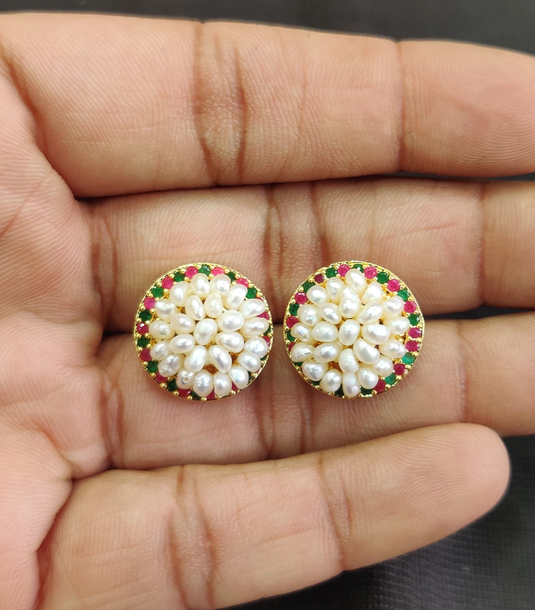 Real Natural Fresh Water Pearls Medium Size Round Studs Tops(D.No PTOP125)