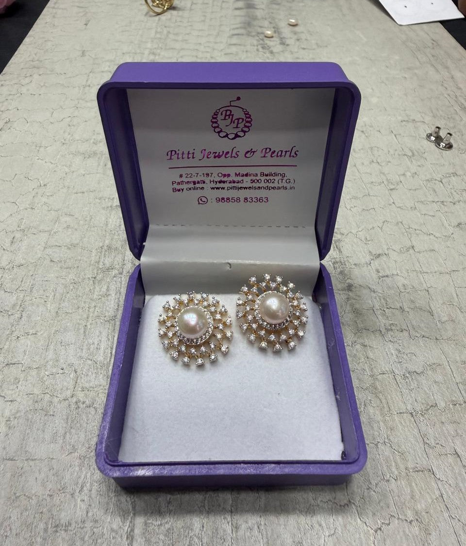 CZ Stone Studded Big Studs With Real Button Pearl (D.No PTOP158)