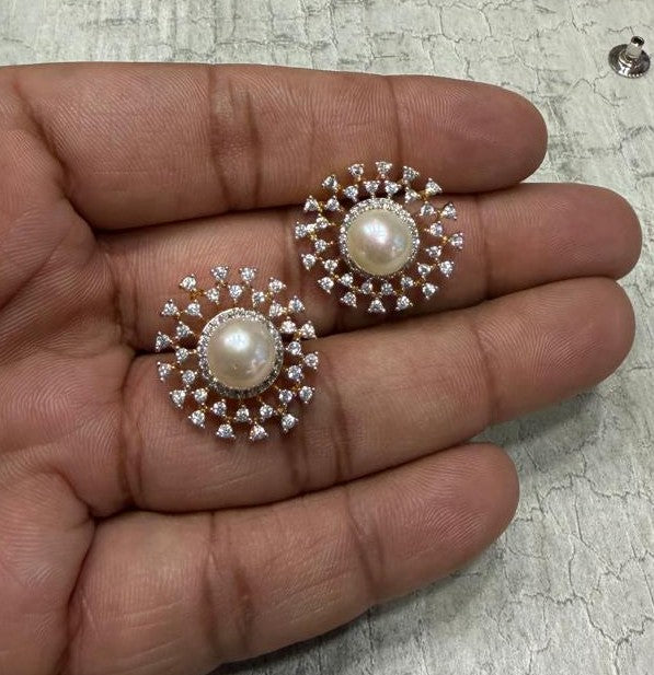 CZ Stone Studded Big Studs With Real Button Pearl (D.No PTOP158)