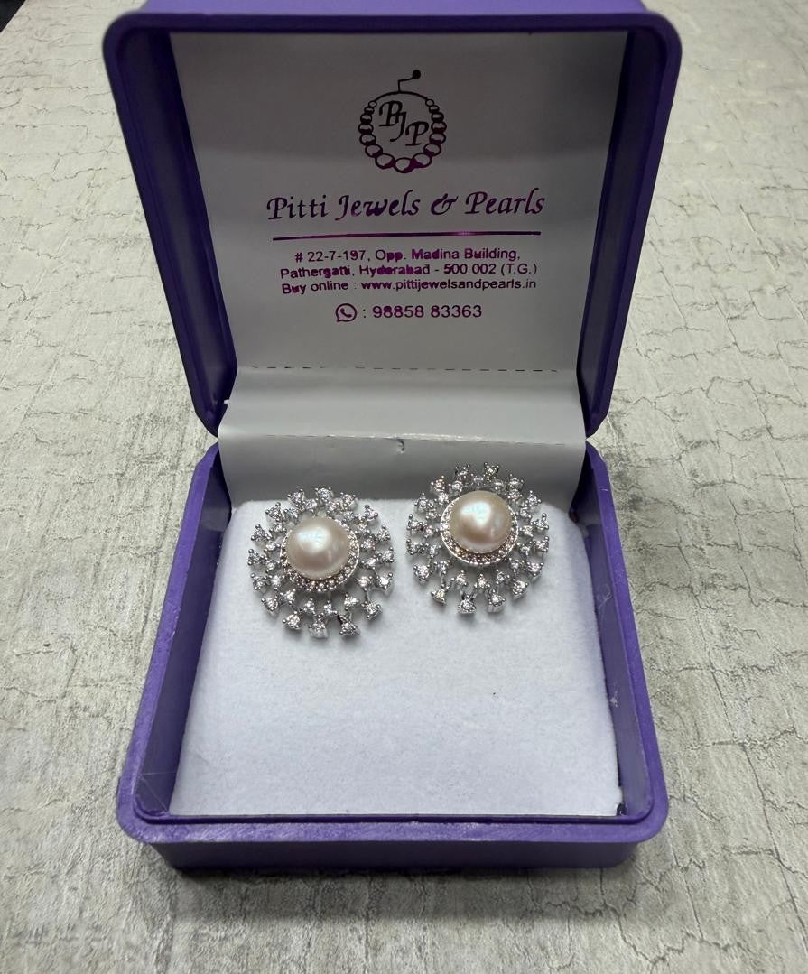CZ Stone Studded Big Studs With Real Button Pearl (D.No PTOP159)