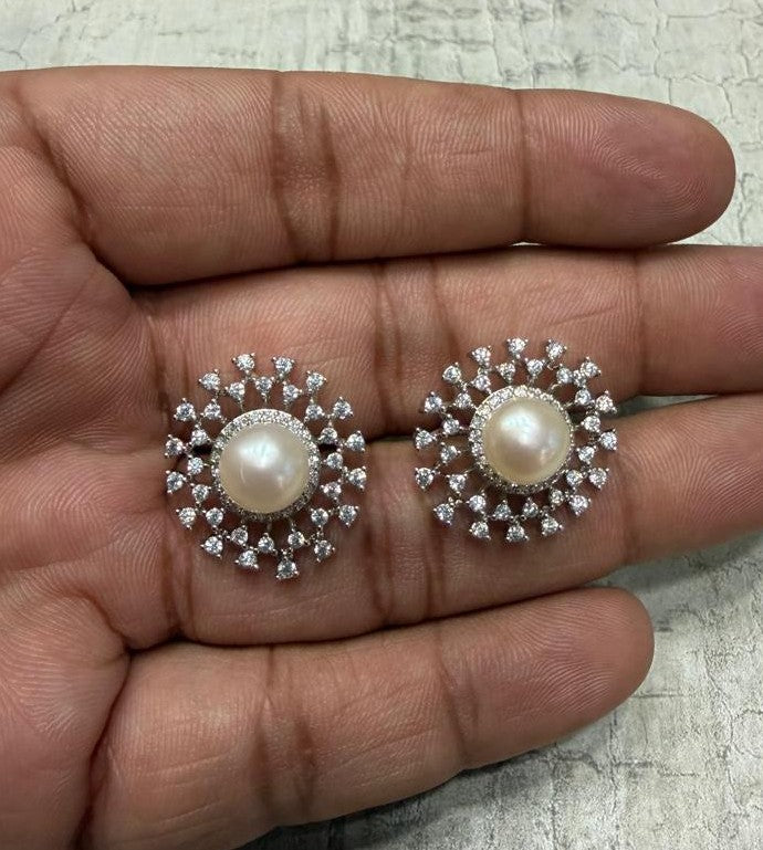 CZ Stone Studded Big Studs With Real Button Pearl (D.No PTOP159)