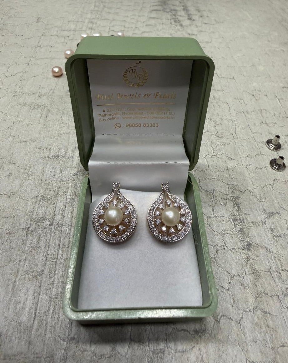 CZ Stone Studded Studs With Real Button Pearl (D.No PTOP160)