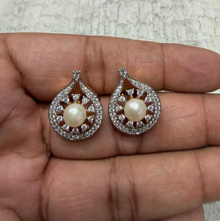 CZ Stone Studded Studs With Real Button Pearl (D.No PTOP160)