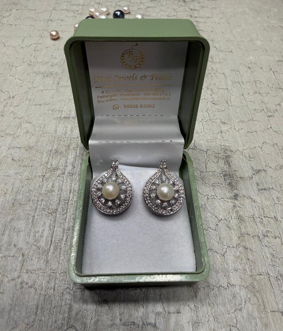 CZ Stone Studded Studs With Real Button Pearl (D.No PTOP161)