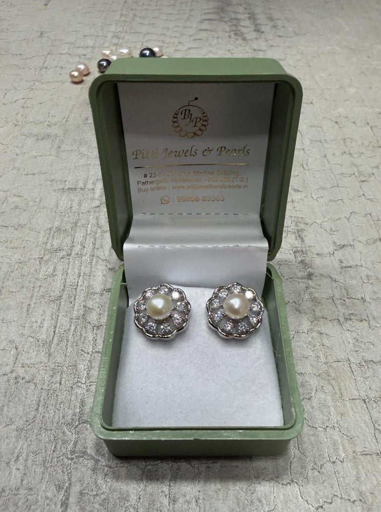 CZ Stone Studded Studs With Real Button Pearl (D.No PTOP163)