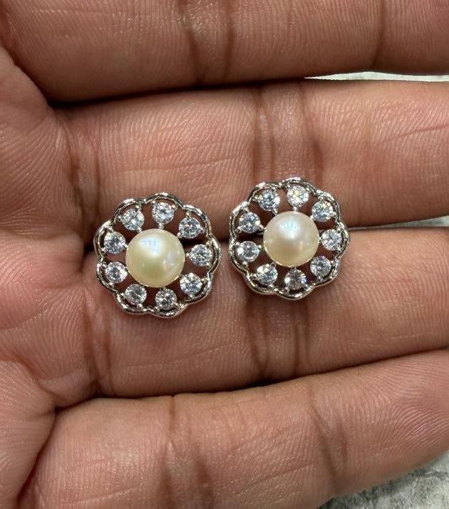 CZ Stone Studded Studs With Real Button Pearl (D.No PTOP163)