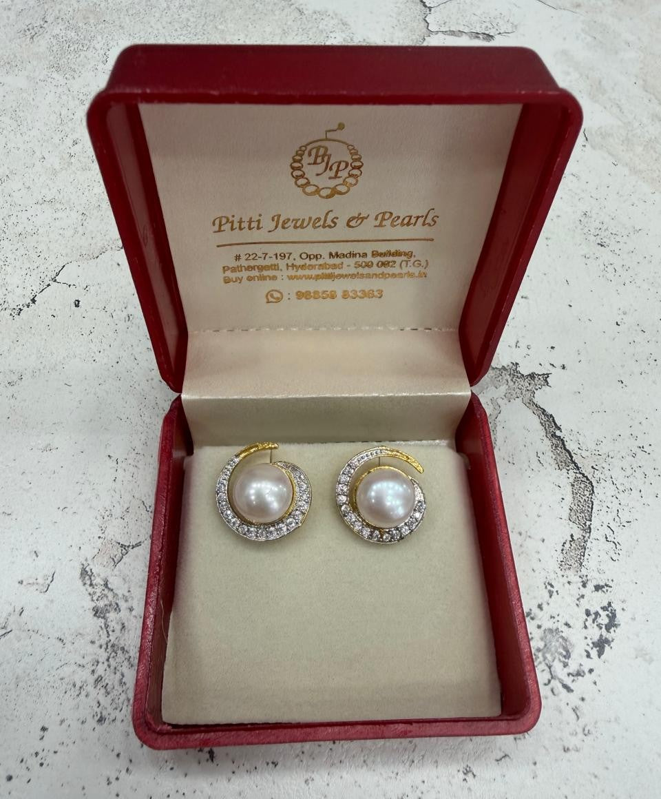CZ Stone Studded Big Studs With Real Button Pearl (D.No PTOP164)