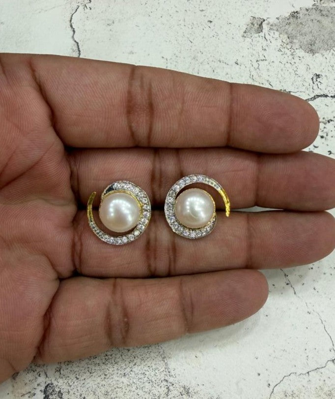 CZ Stone Studded Big Studs With Real Button Pearl (D.No PTOP164)