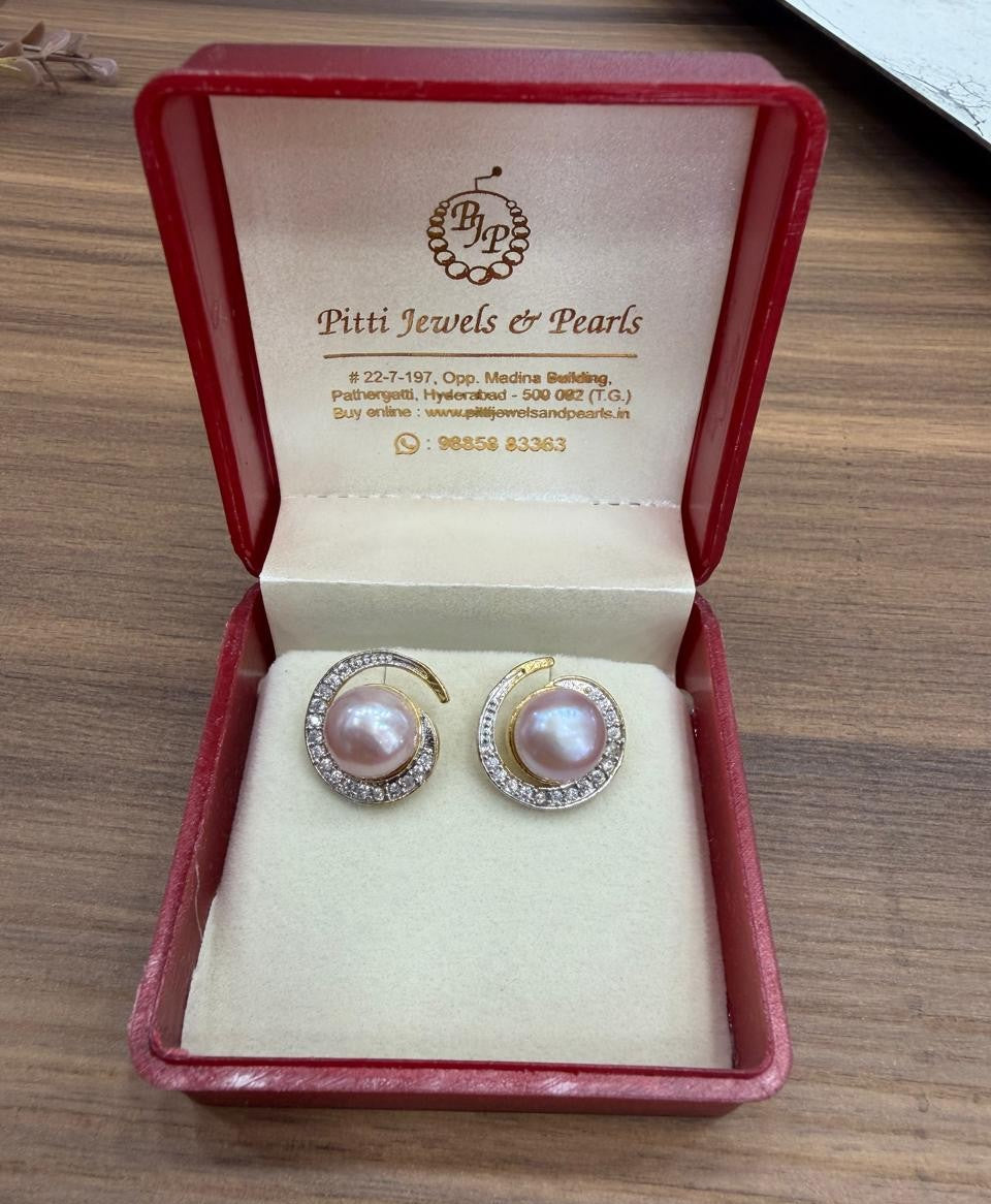CZ Stone Studded Big Studs With Real Button Pearl (D.No PTOP165)