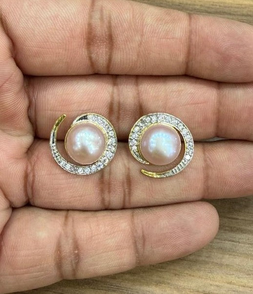 CZ Stone Studded Big Studs With Real Button Pearl (D.No PTOP165)