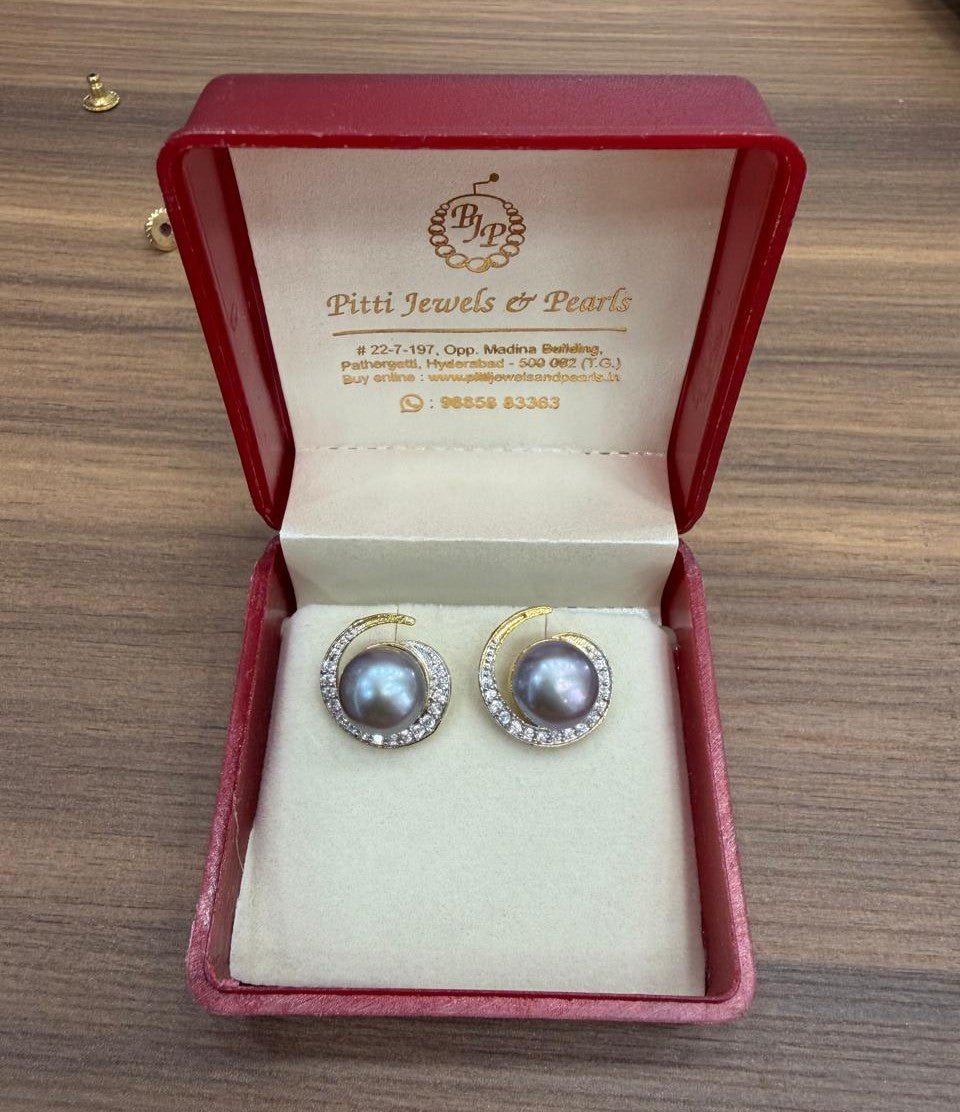 CZ Stone Studded Big Studs With Real Button Pearl (D.No PTOP166)