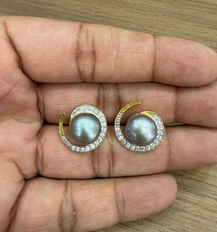 CZ Stone Studded Big Studs With Real Button Pearl (D.No PTOP166)