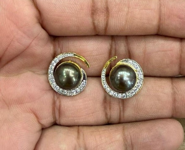 CZ Stone Studded Big Studs With Real Button Pearl (D.No PTOP167)