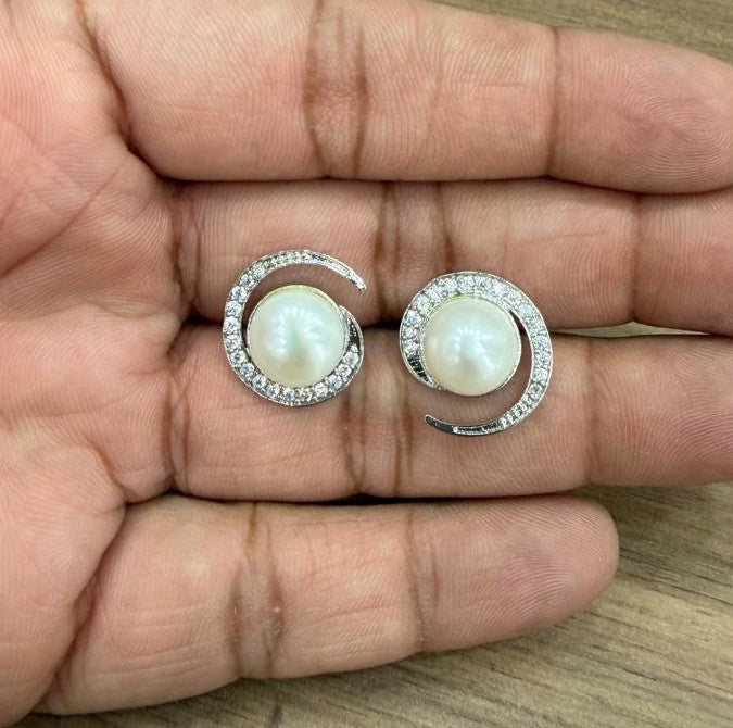 CZ Stone Studded Big Studs With Real Button Pearl (D.No PTOP168)