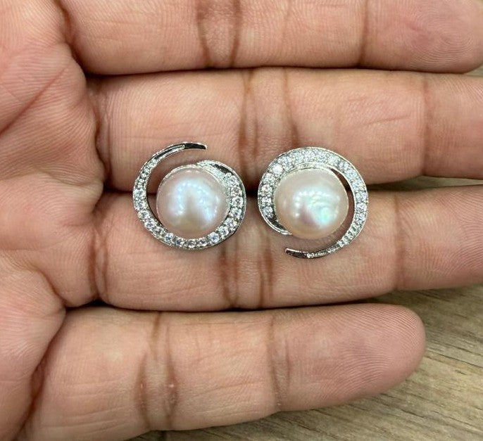CZ Stone Studded Big Studs With Real Button Pearl (D.No PTOP169)