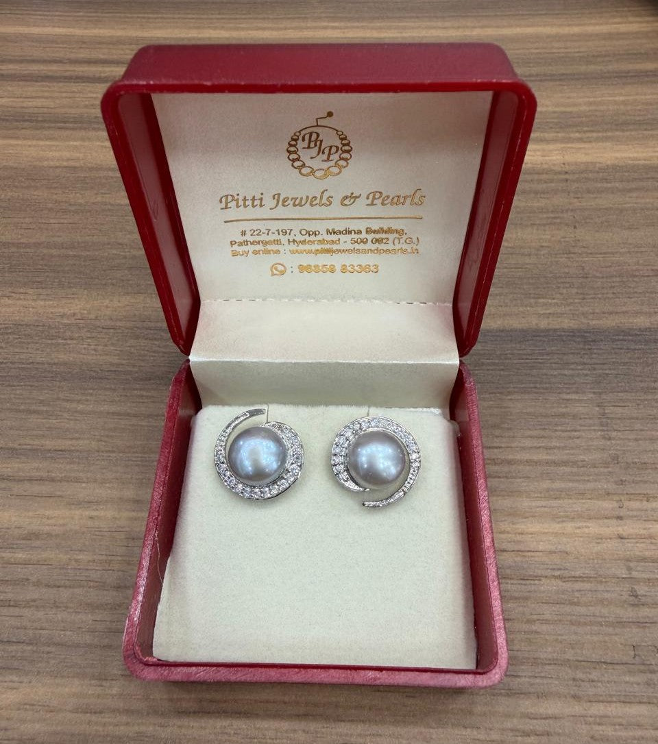 CZ Stone Studded Big Studs With Real Button Pearl (D.No PTOP171)
