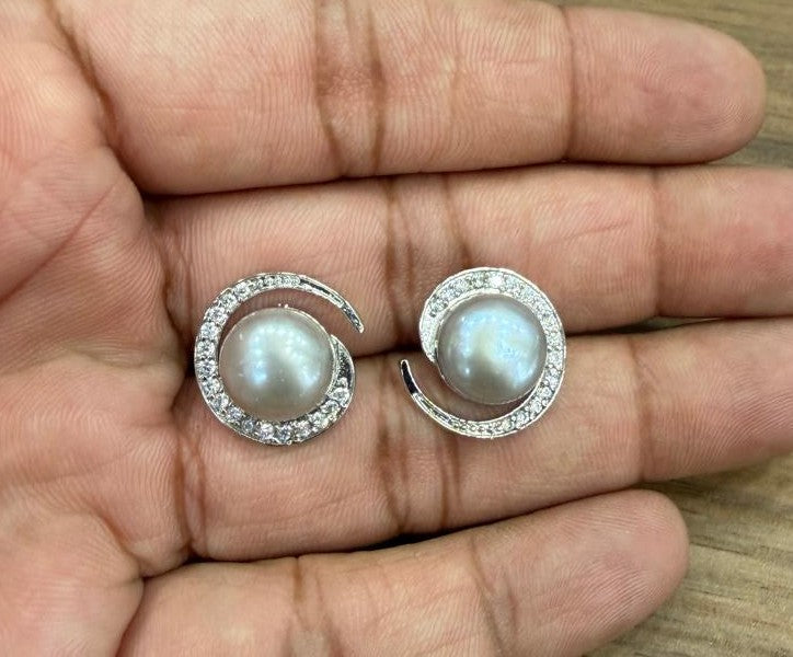 CZ Stone Studded Big Studs With Real Button Pearl (D.No PTOP171)