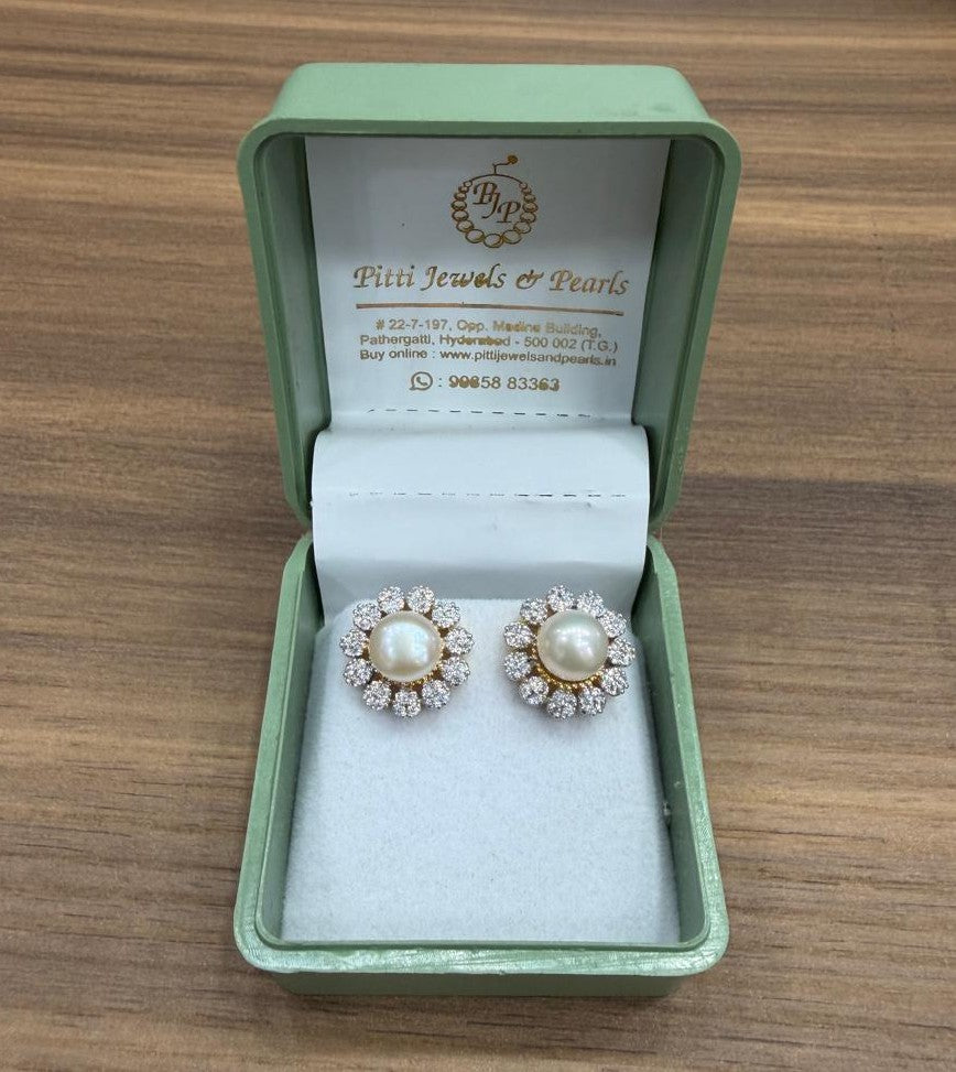 CZ Stone Studded Studs With Real Button Pearl (D.No PTOP172)